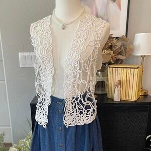 Ravel Soutache Embroidered Vest Women Size 6 White Good Open Front Ramie Boho